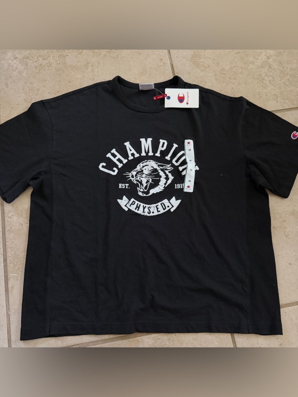 Champion Phys Ed Cougar Graphic Tee Men's Size Med Black Boxy T Shirt NWT